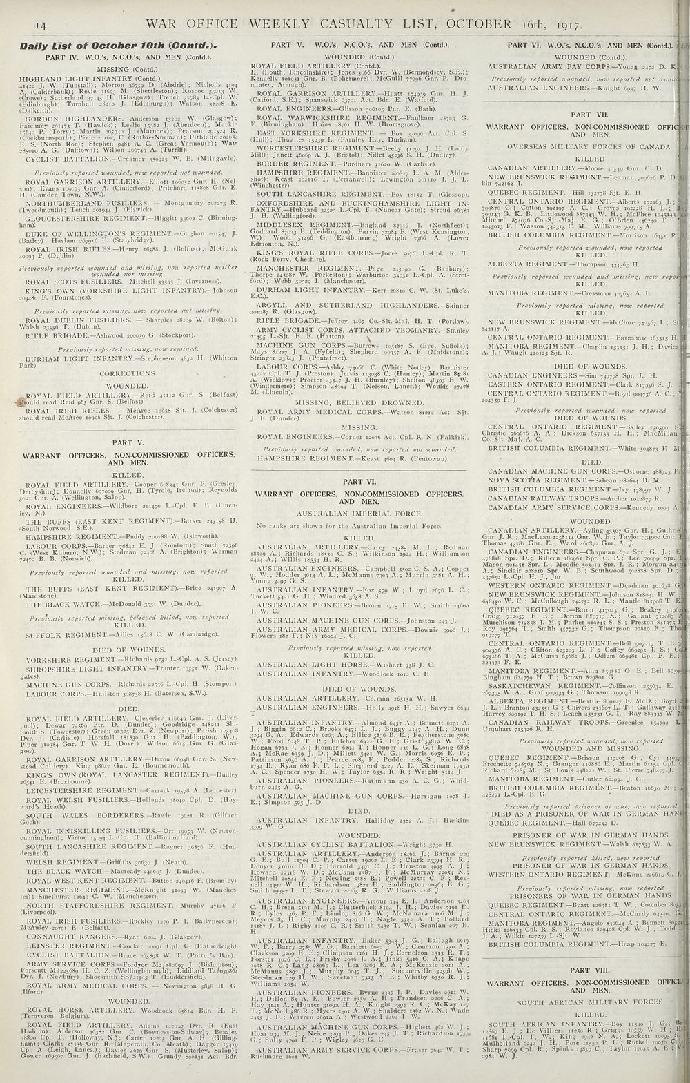 14 Daily List Of October 10th Contd Weekly Casualty Lists Weekly List No 11 British Military Lists National Library Of Scotland