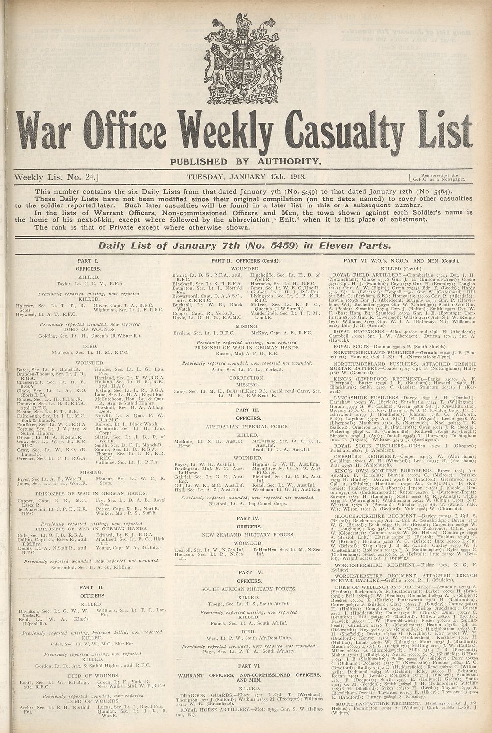 1 Daily List Of January 7th No 5459 In Eleven Parts Weekly Casualty Lists Weekly List No 24 British Military Lists National Library Of Scotland