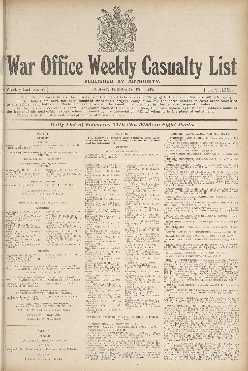 1 Daily List Of February 11th No 54 In Eight Parts Weekly Casualty Lists Weekly List No 29 British Military Lists National Library Of Scotland