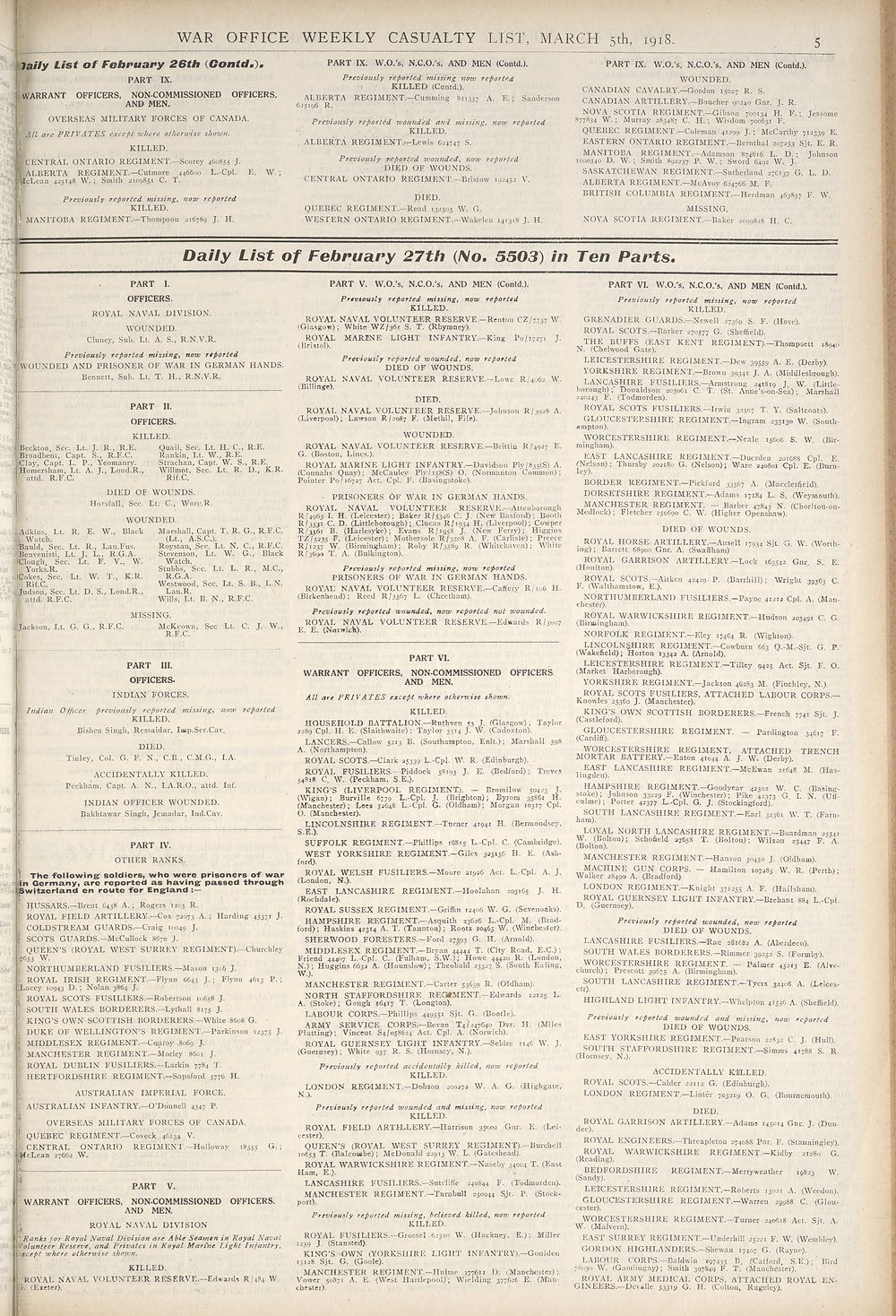 5 Daily List Of February 26th Contd Daily List Of February 27th No 5503 In Ten Parts Weekly Casualty Lists Weekly List No 31 British Military Lists National Library Of Scotland