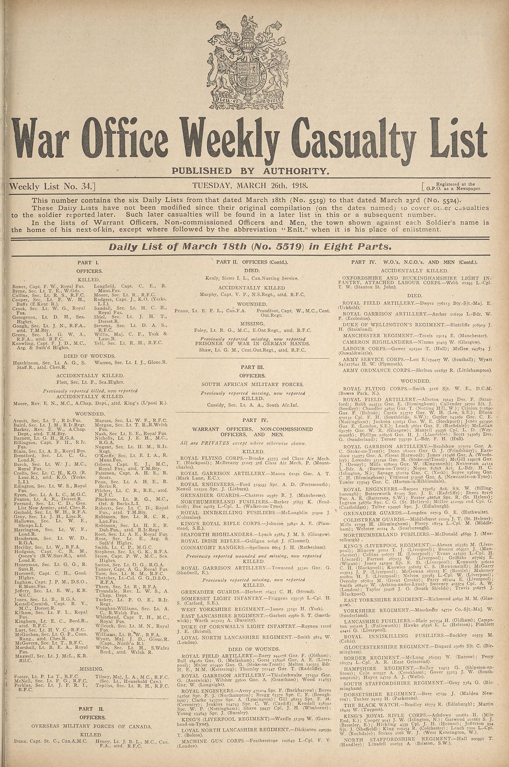 1 Daily List Of March 18th No 5519 In Eight Parts Weekly Casualty Lists Weekly List No 34 British Military Lists National Library Of Scotland