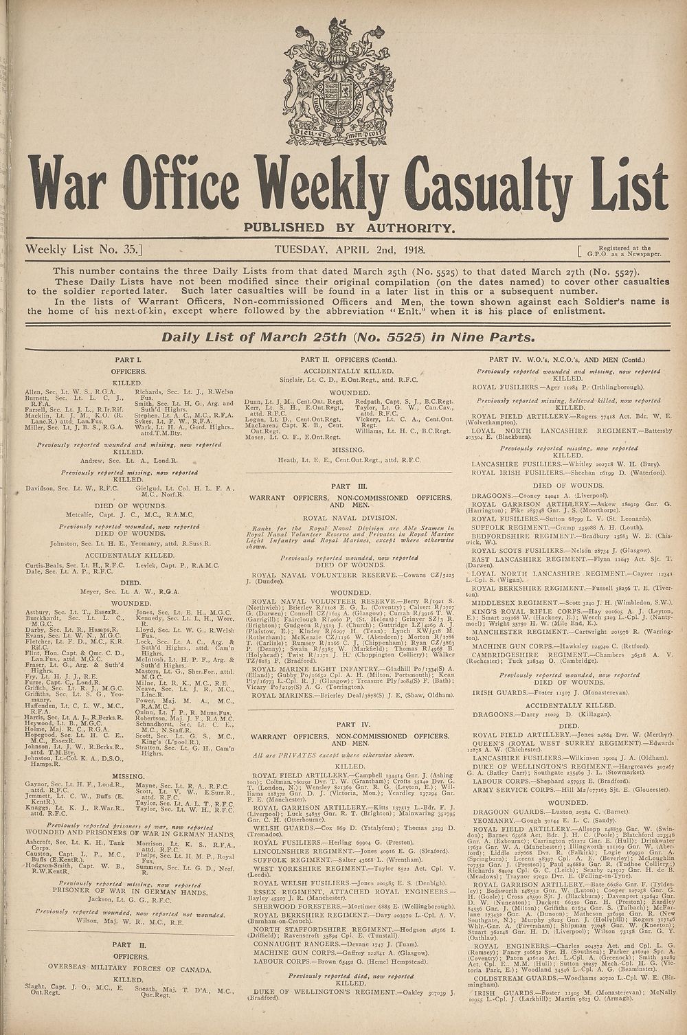 1 Daily List Of March 25th No 5525 In Nine Parts Weekly Casualty Lists Weekly List No 35 British Military Lists National Library Of Scotland