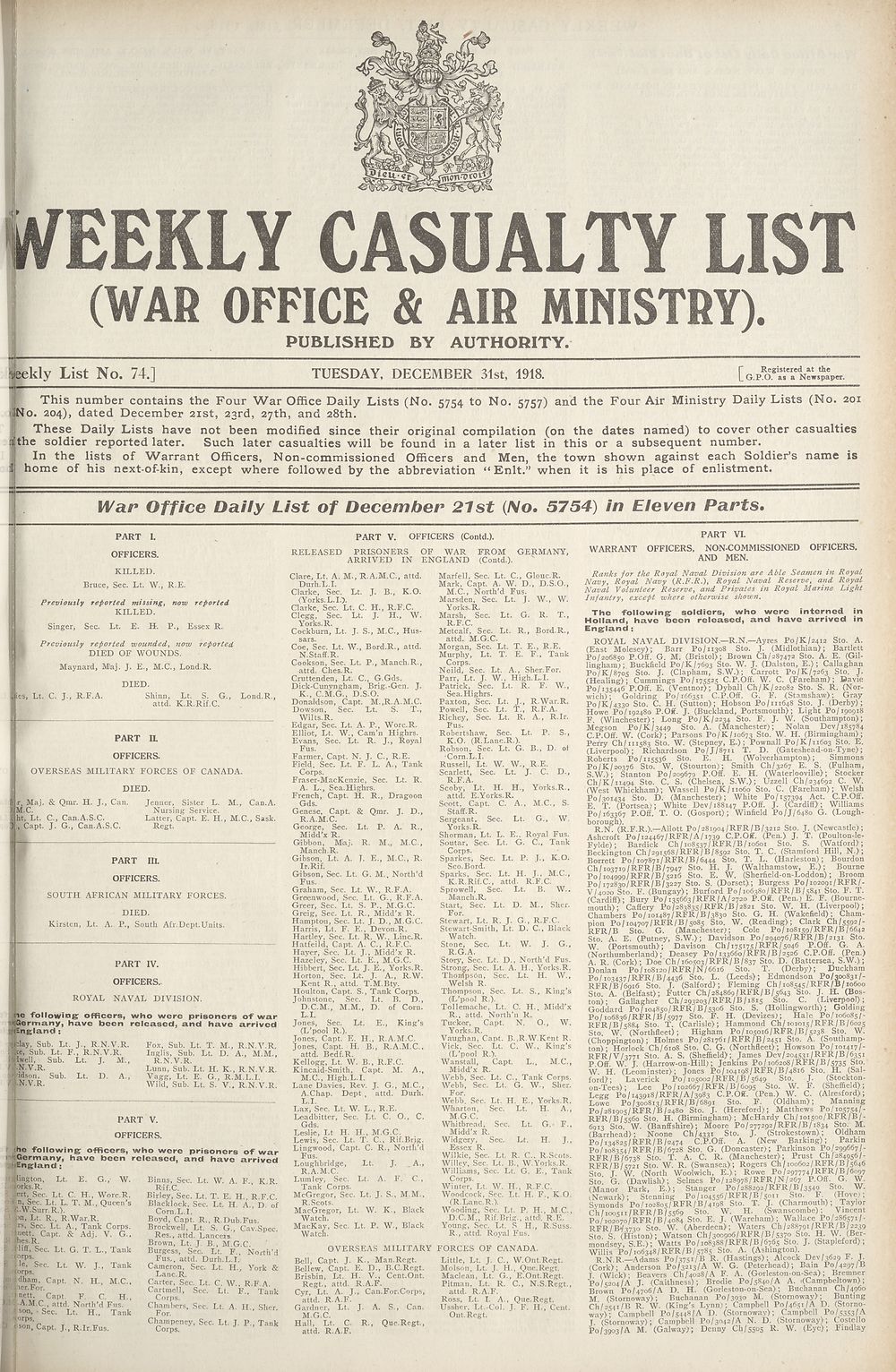 1 War Office Daily List Of December 21st No 5754 In Eleven Parts Weekly Casualty Lists Weekly List No 74 British Military Lists National Library Of Scotland