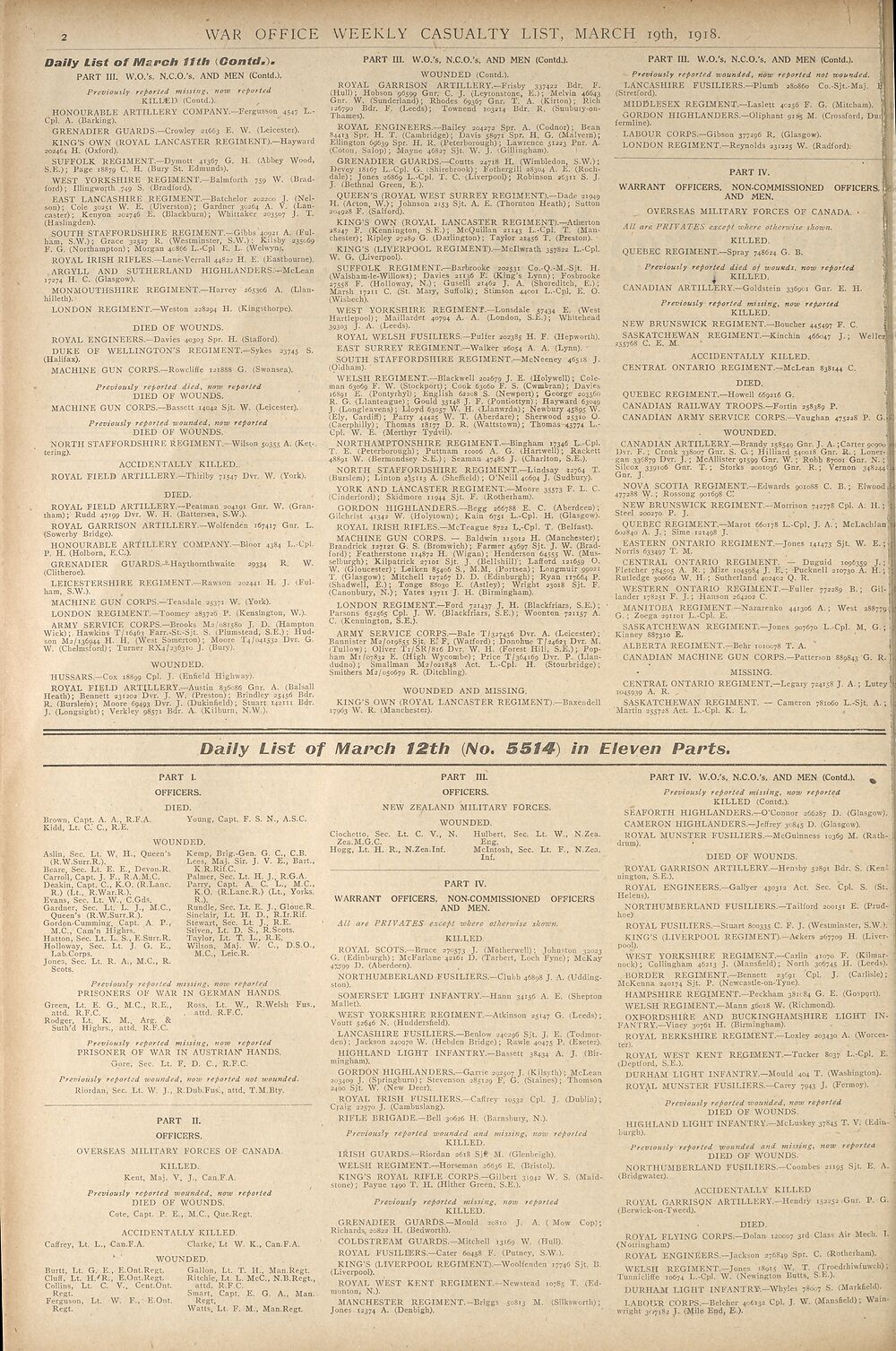 2 Daily List Of March 11th Contd Daily List Of March 12th No 5514 In Eleven Parts Weekly Casualty Lists Weekly List No 33 British Military Lists National Library Of Scotland