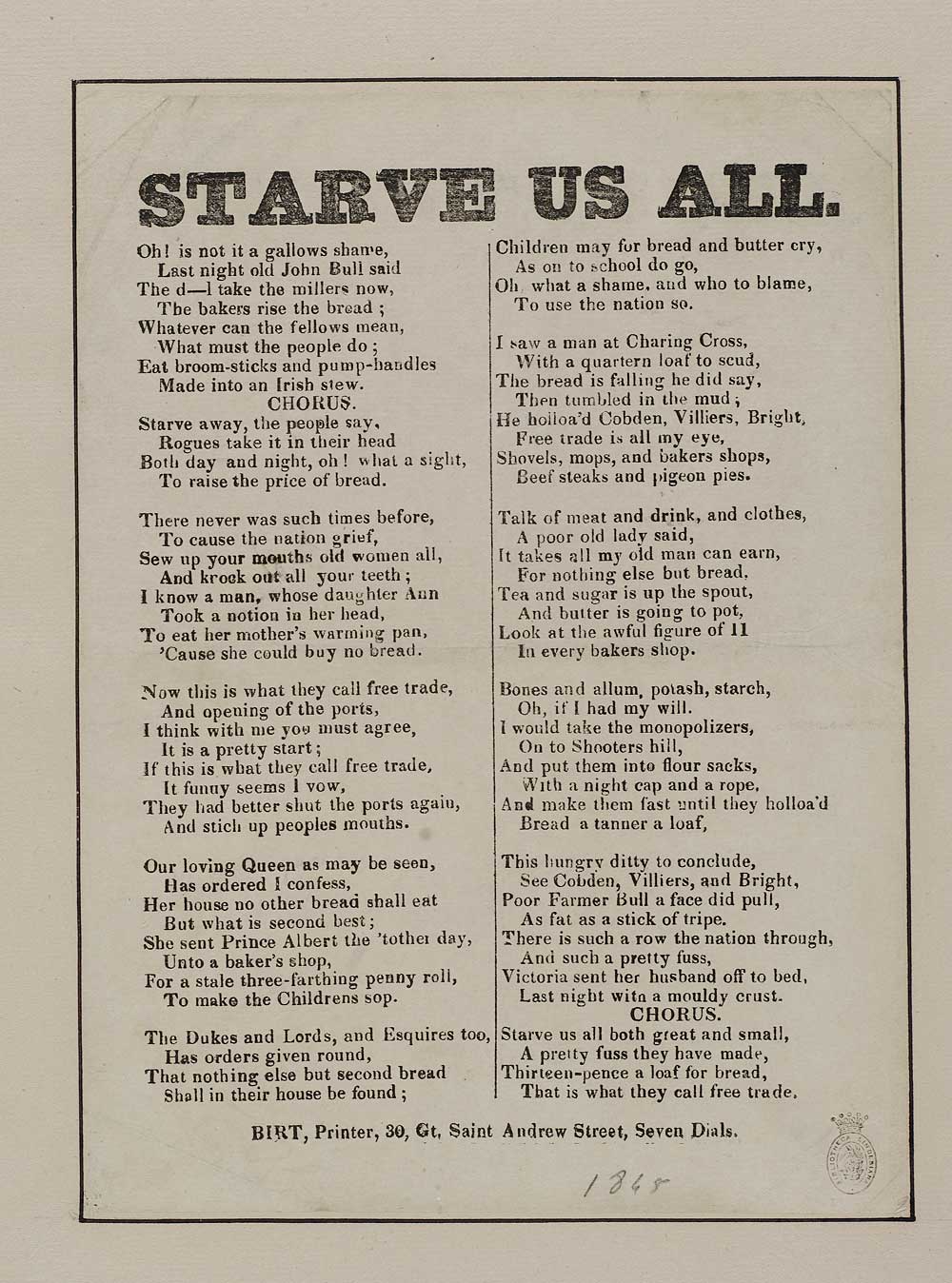 Starve Us All Politics And Government English Ballads National