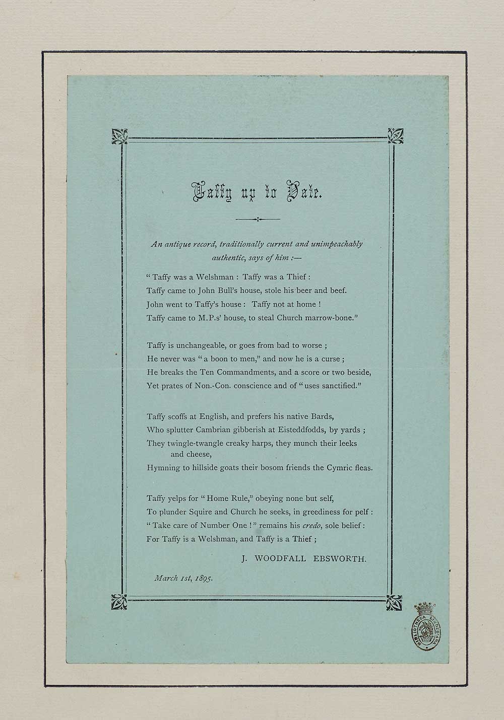 Taffy up to date Politics & government English ballads National