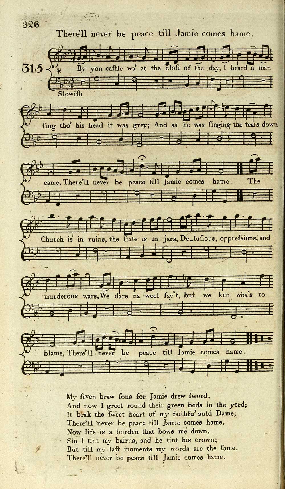 28) Page 326 - There'll never be peace till Jamie comes hame - Glen  Collection of printed music > Printed music > Scots musical museum > Volume  4 - Special collections of printed music - National Library of Scotland