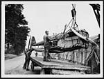 L.838Damaged aeroplane arriving at an R.A.F.Depot for examination and repair