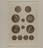 Blaikie.SNPG.7.1Proposed coinage of the Stuarts

4 extra large, 2 large, 4 medium, and 2 small coins with pictures of the Stuarts and ships, Classical figures, and an Angel