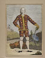 Blaikie.SNPG.9.8Prince Charles Edward Stuart

Portrait of Prince Charles in tartan tunic and short trousers- brightly colored plaid with yellow, blue, green, and red-- holding a sword, with his shield by his side. In the countryside with a large castle in the backgroun